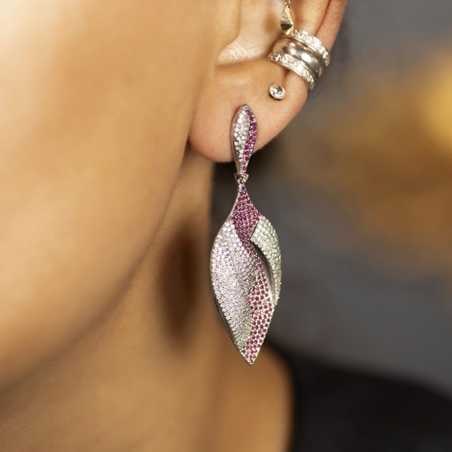 Structured Ruby & Diamond Tear Drop Earrings