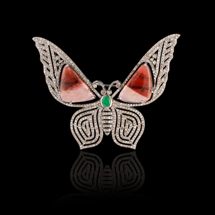Tourmaline, Emerald & Diamond Butterfly Brooch Pendant
