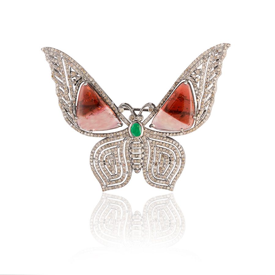 Tourmaline, Emerald & Diamond Butterfly Brooch Pendant