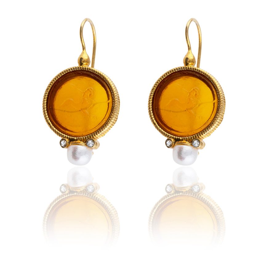 Citrine Colour Intaglio Pearl Drop Earrings