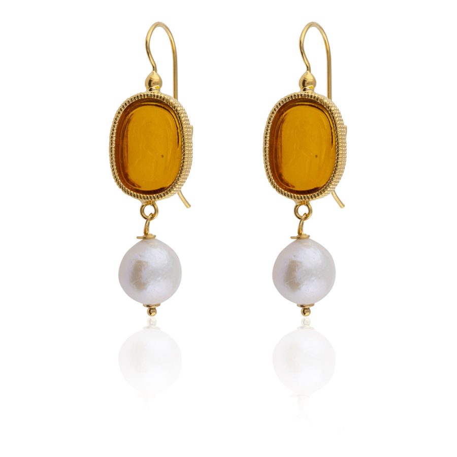 Citrine Colour Intaglio Pearl Drop Earrings