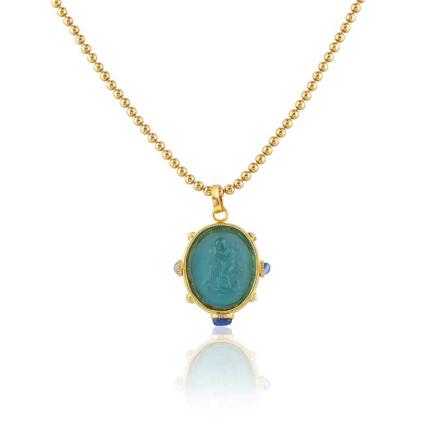 Emerald Green Colour Intaglio Amulet Necklace with Pearl Detailing
