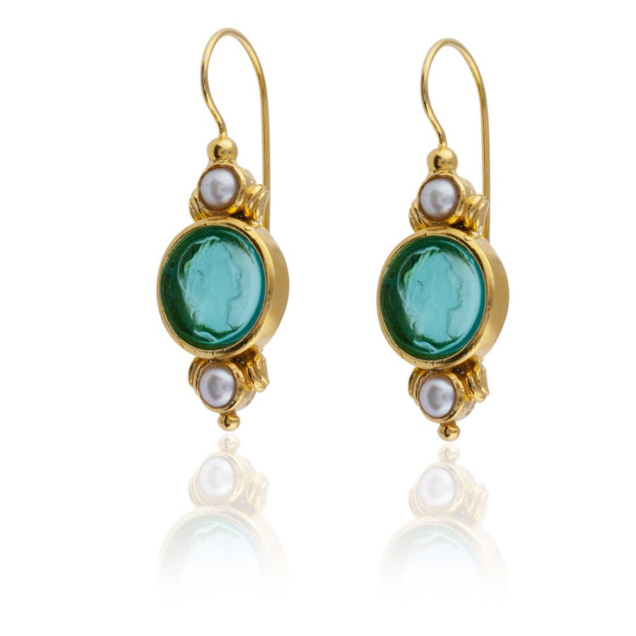 Emerald Green & Pearl Intaglio Earrings
