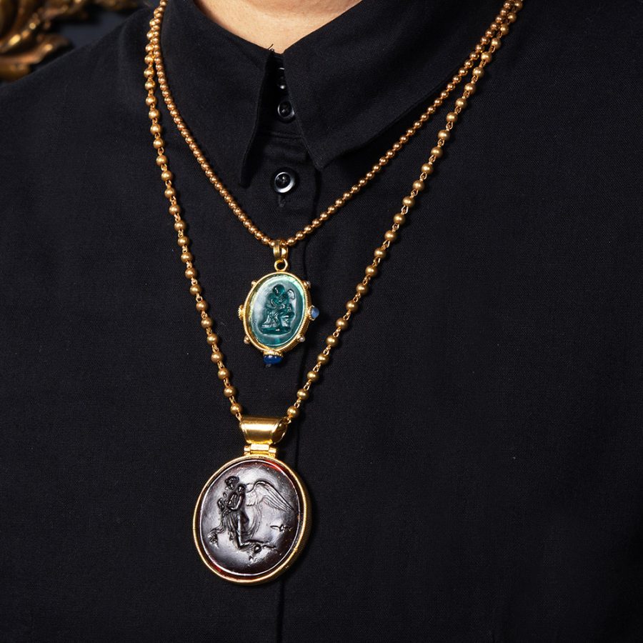 Emerald Green Colour Intaglio Amulet Necklace with Pearl Detailing