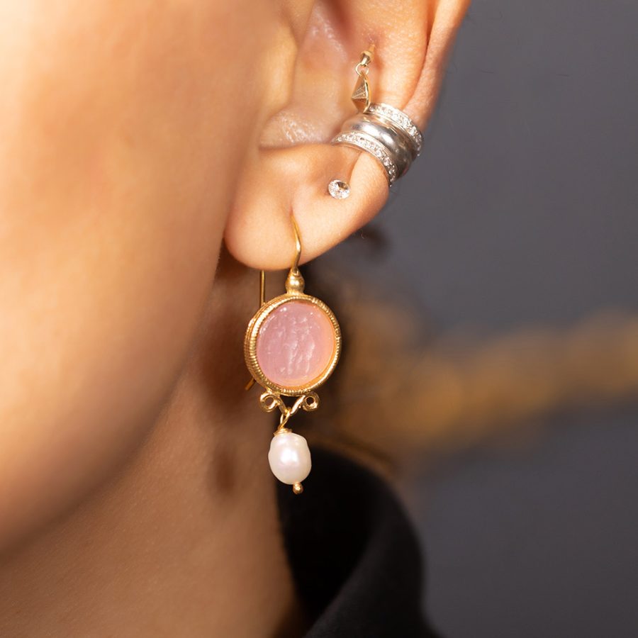 Jaipur Pink Colour Intaglio Pearl Drop Earrings