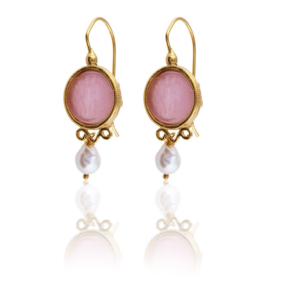 Jaipur Pink Colour Intaglio Pearl Drop Earrings