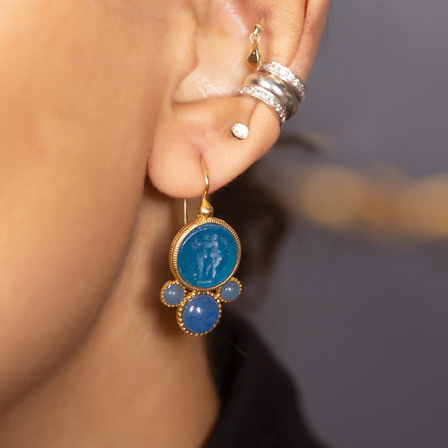 Jodhpur Blue & Quartz Intaglio Drop Earrings