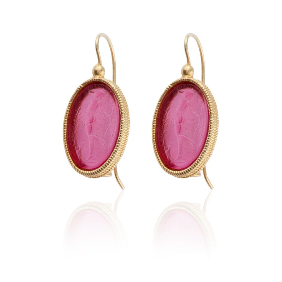 Ruby Colour Intaglio Pearl Drop Earrings