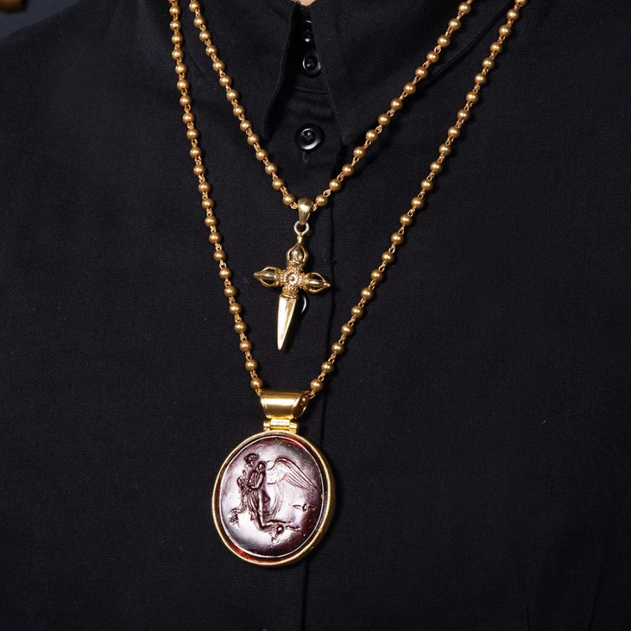 Smokey Quartz Colour Intaglio Amulet Necklace