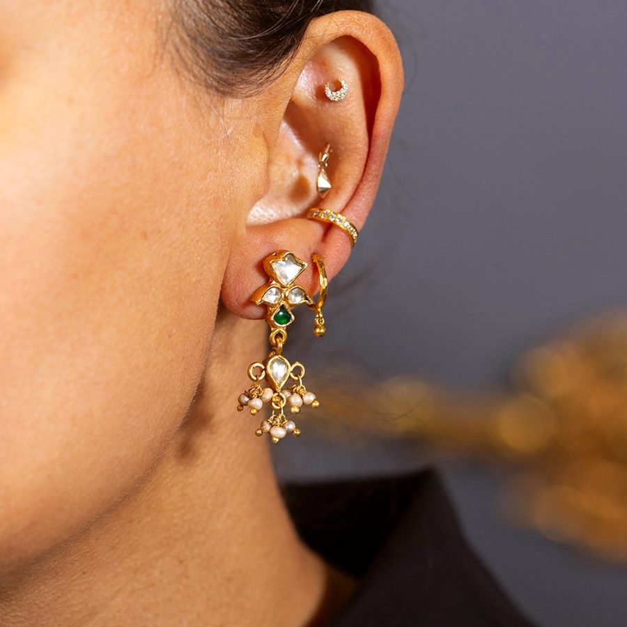 Antique Mughal Inspired Crystal & Pearl Drop Earrings