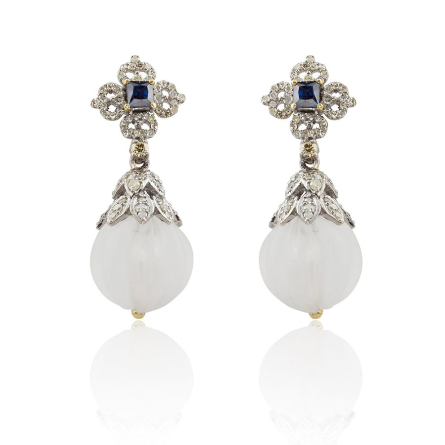 Art Deco Carved Crystal Quartz; Sapphire & Diamond Drop Earrings