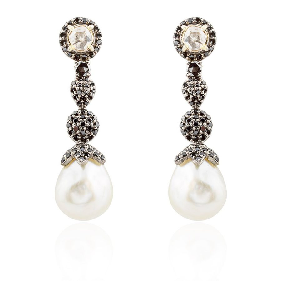 Art Deco Pearl, Black & Polki Diamond Drop Earrings