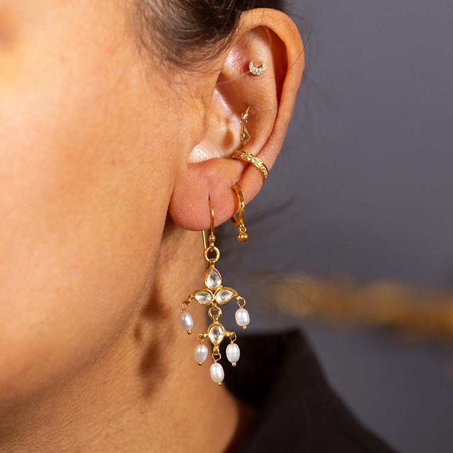Elegant Mughal Crystal & Pearl Drop Earrings