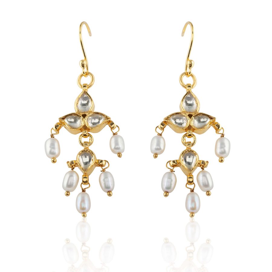 Elegant Mughal Crystal & Pearl Drop Earrings