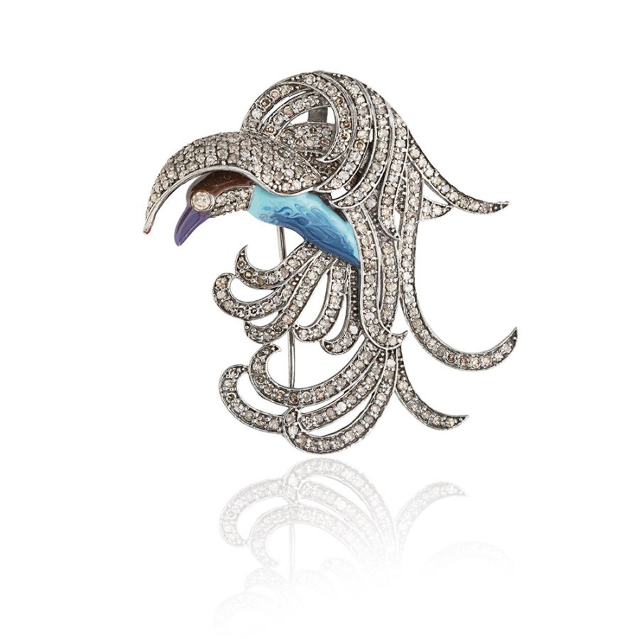 Enamel & Diamond Parrot Brooch