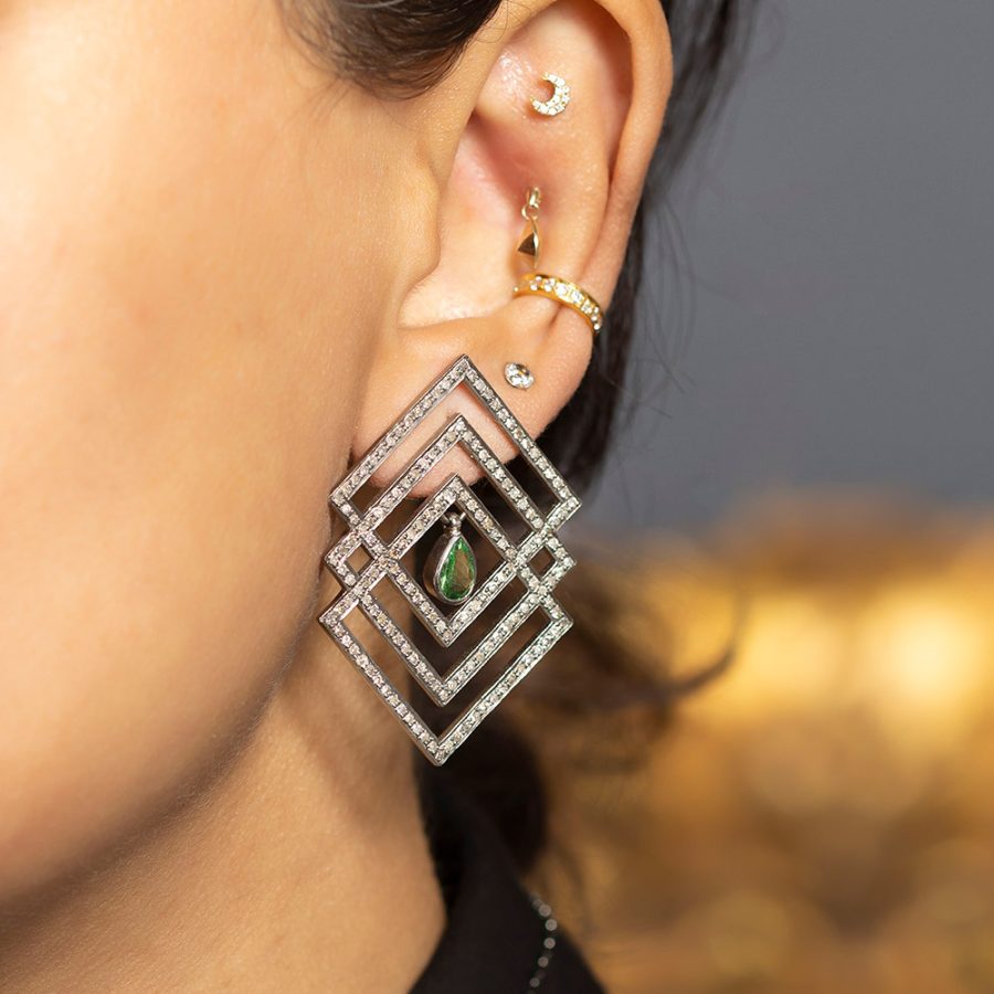Geometric Grid Diamond & Garnet Earrings