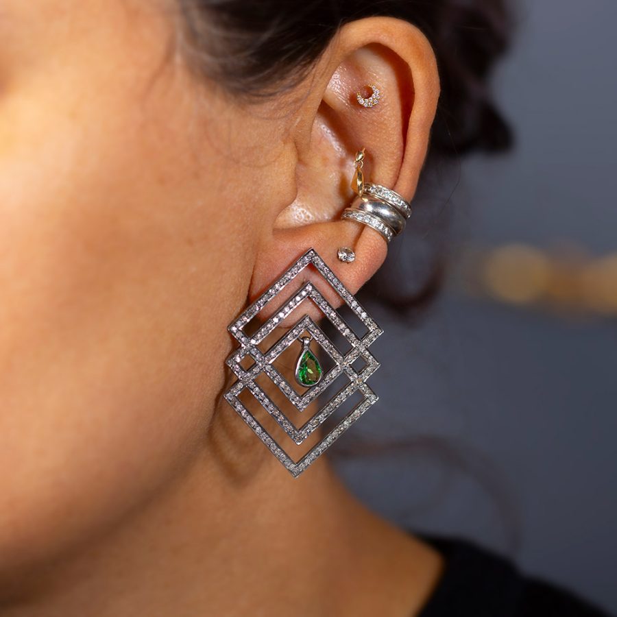 Geometric Grid Diamond & Garnet Earrings