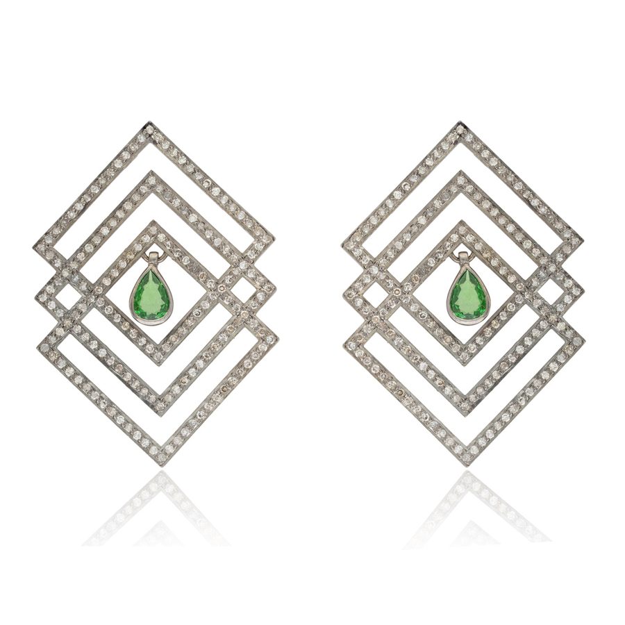 Geometric Grid Diamond & Garnet Earrings