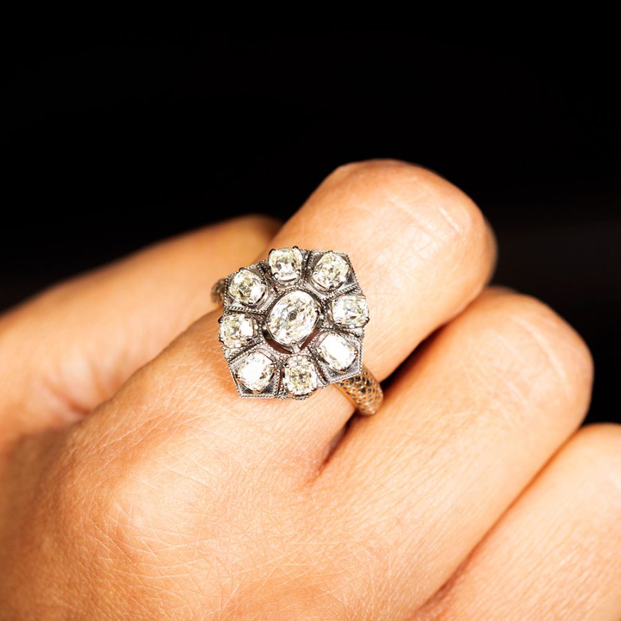 Heirloom 18kt Gold Old Mine Cut Diamond Ring with Filigree Detail