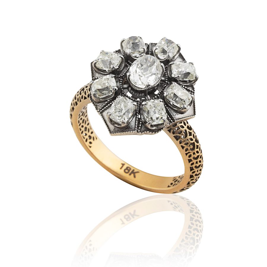 Heirloom 18kt Gold Old Mine Cut Diamond Ring with Filigree Detail