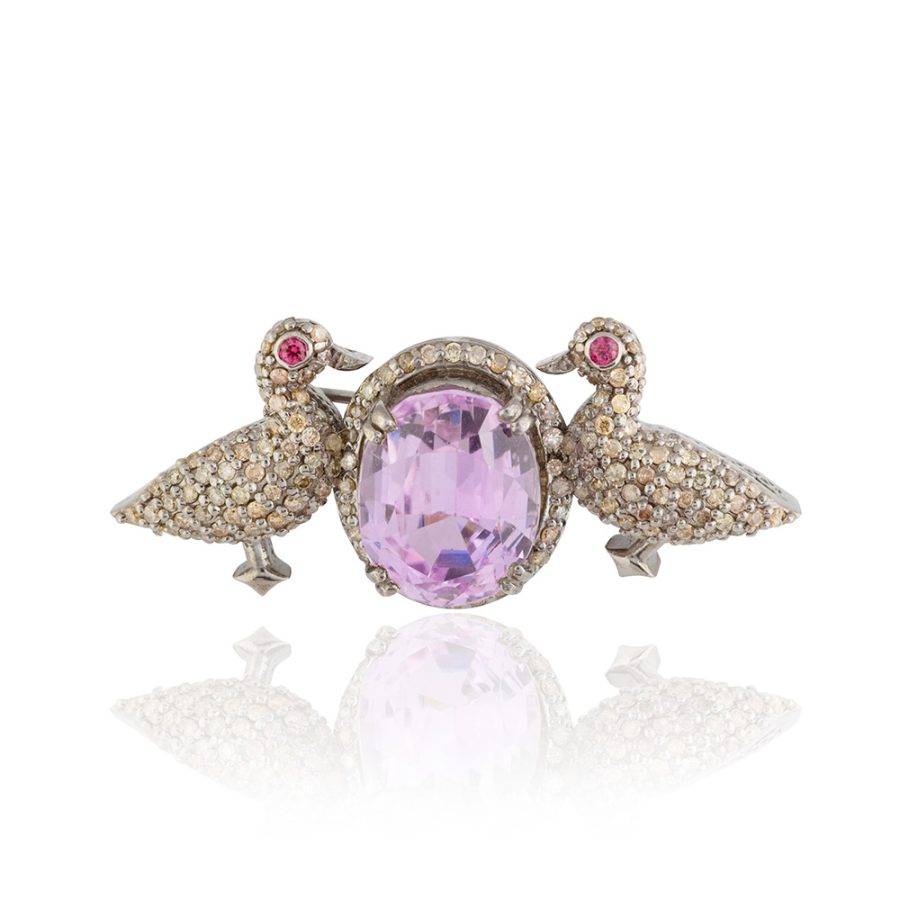 Kunzite, Ruby & Diamond Doves of Peace Brooch