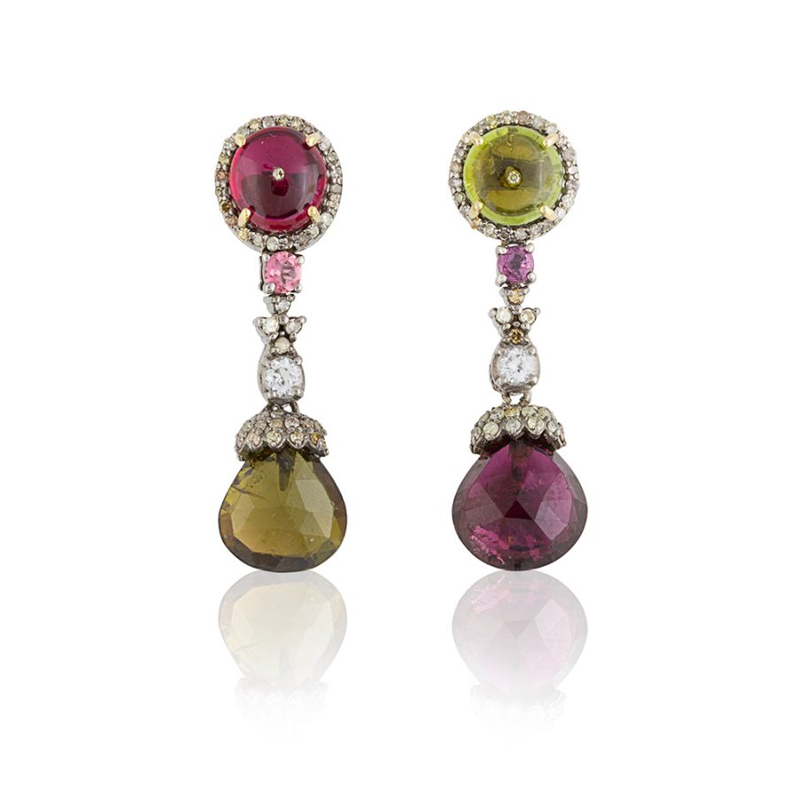 Mis Matched Tourmaline & Diamond Drop Earrings