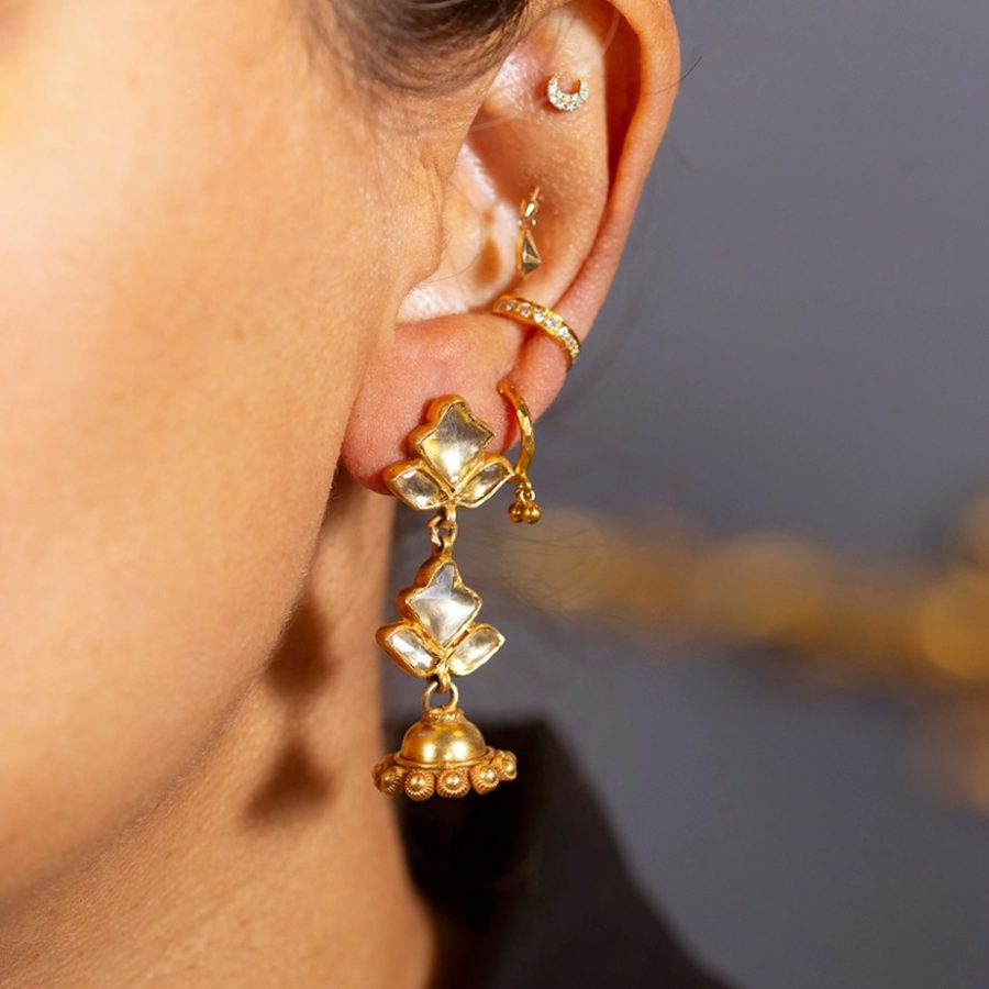 Mughal Inspired Lotus Crystal & Bell Detailed Drop Earrings