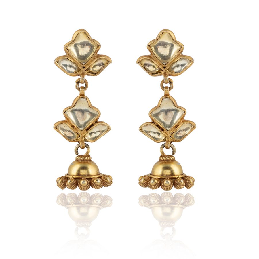 Mughal Inspired Lotus Crystal & Bell Detailed Drop Earrings