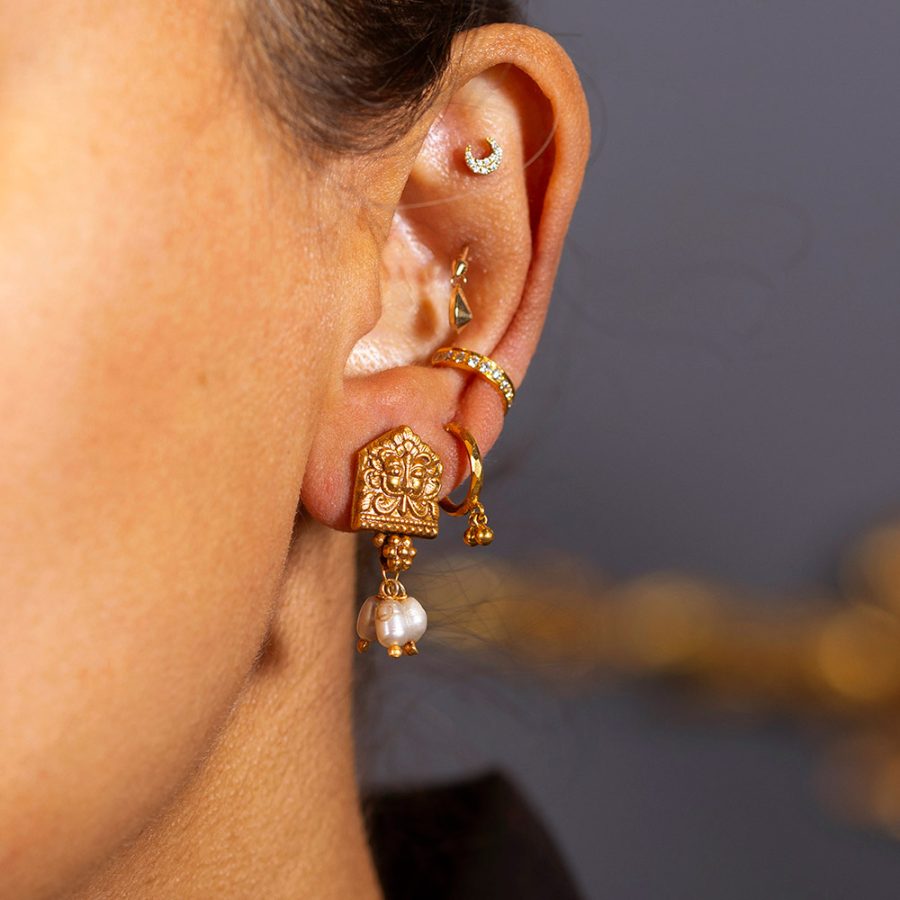 Sun God Pearl Drop Stud Earrings