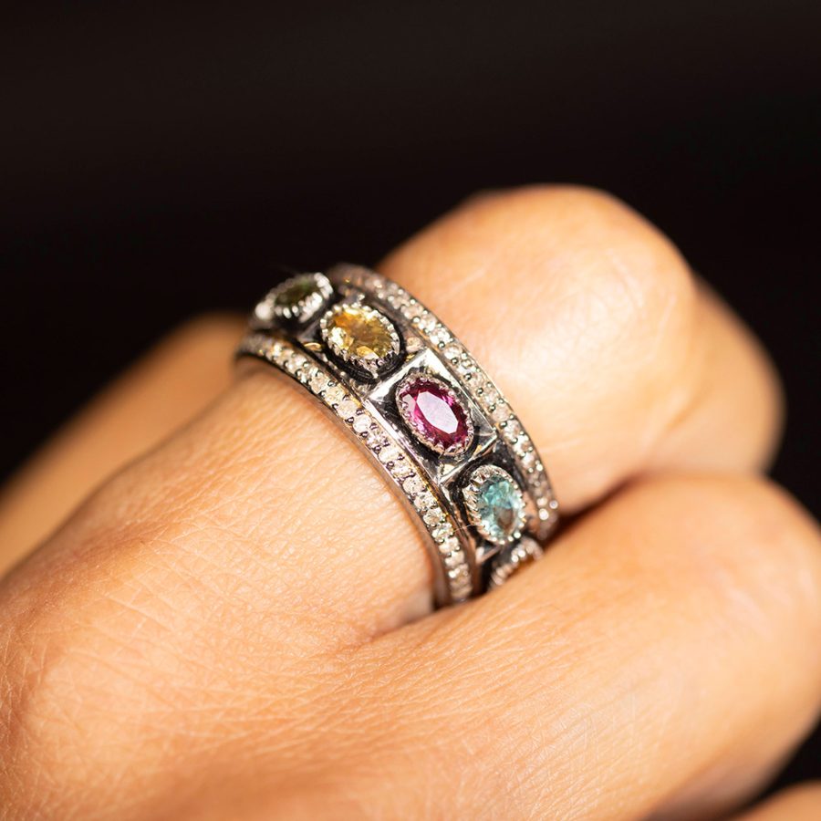 Classic 15th Century Coloured Love Tourmaline & Diamond Ring Band