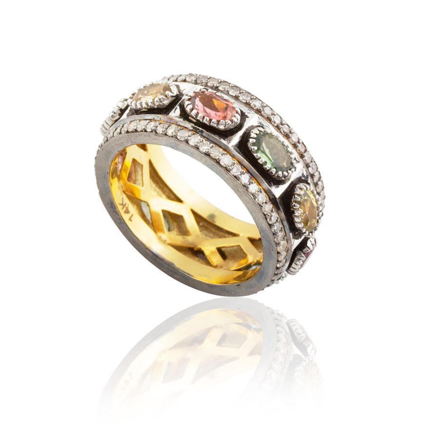 Classic 15th Century Coloured Love Tourmaline & Diamond Ring Band