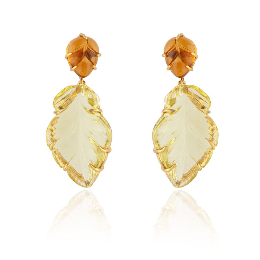Carved Citrine & Quartz Leaf Earrings
