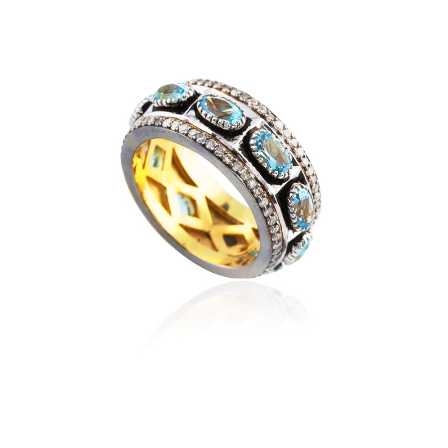 Classic 15th Century Blue Topaz & Diamond Ring Band