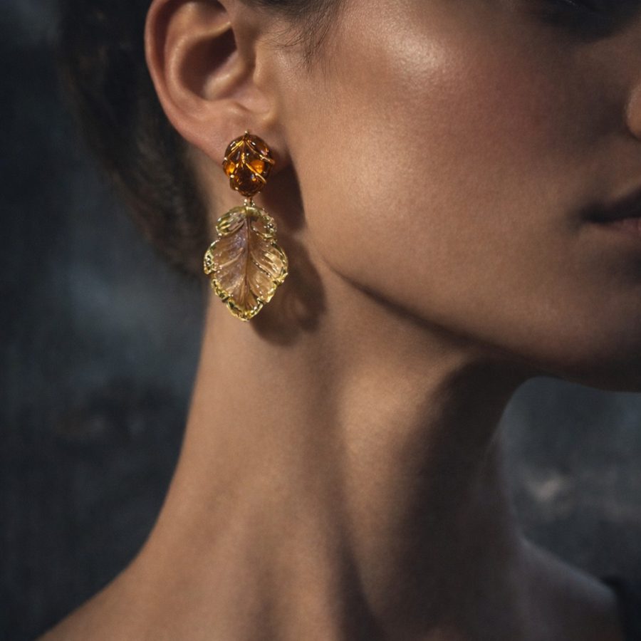 Carved Citrine & Quartz Leaf Earrings
