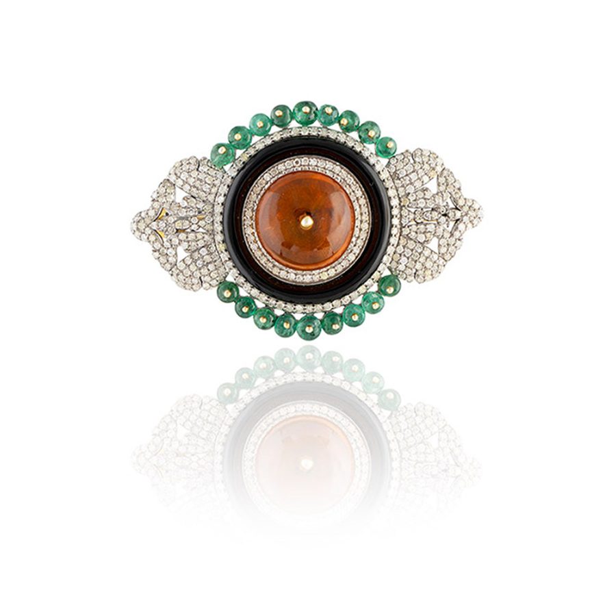 Art Deco Emerald, Citrine, Onyx & Diamond Brooch