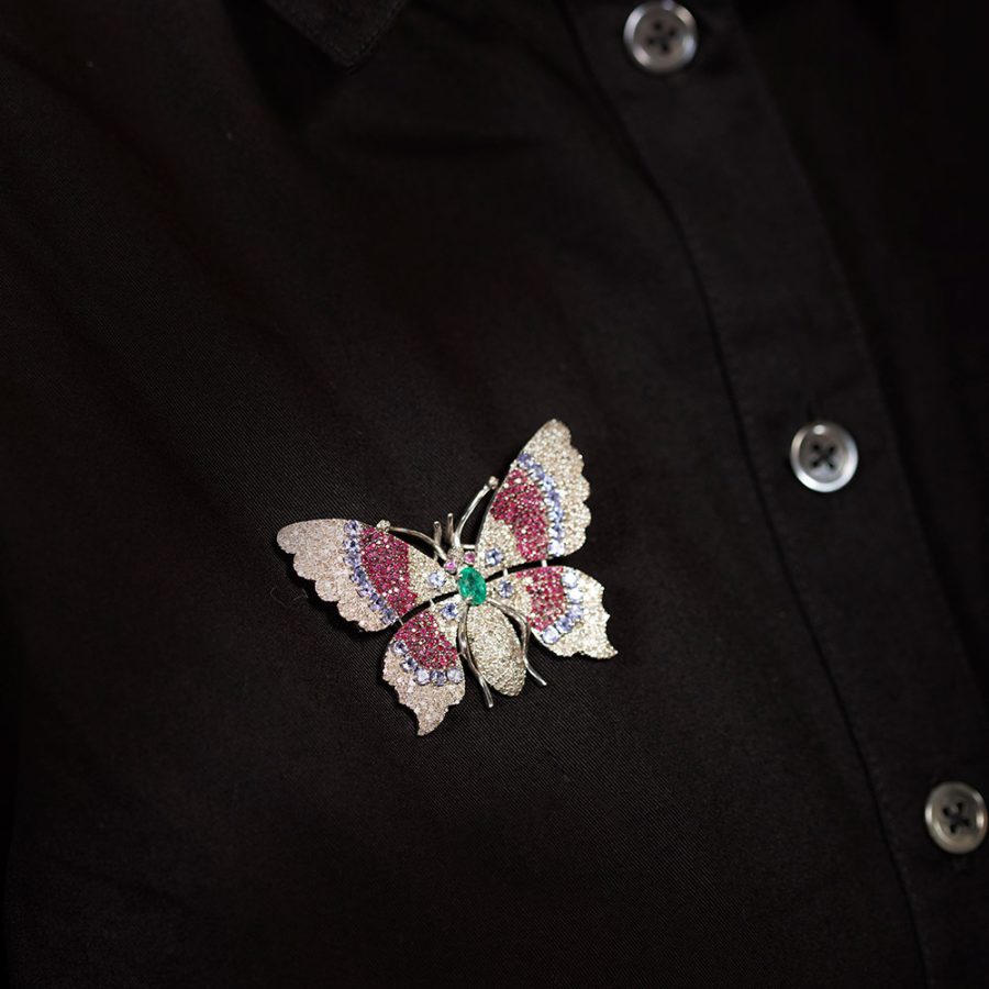 Butterfly Emerald, Ruby, Tanzanite, Diamond Brooch