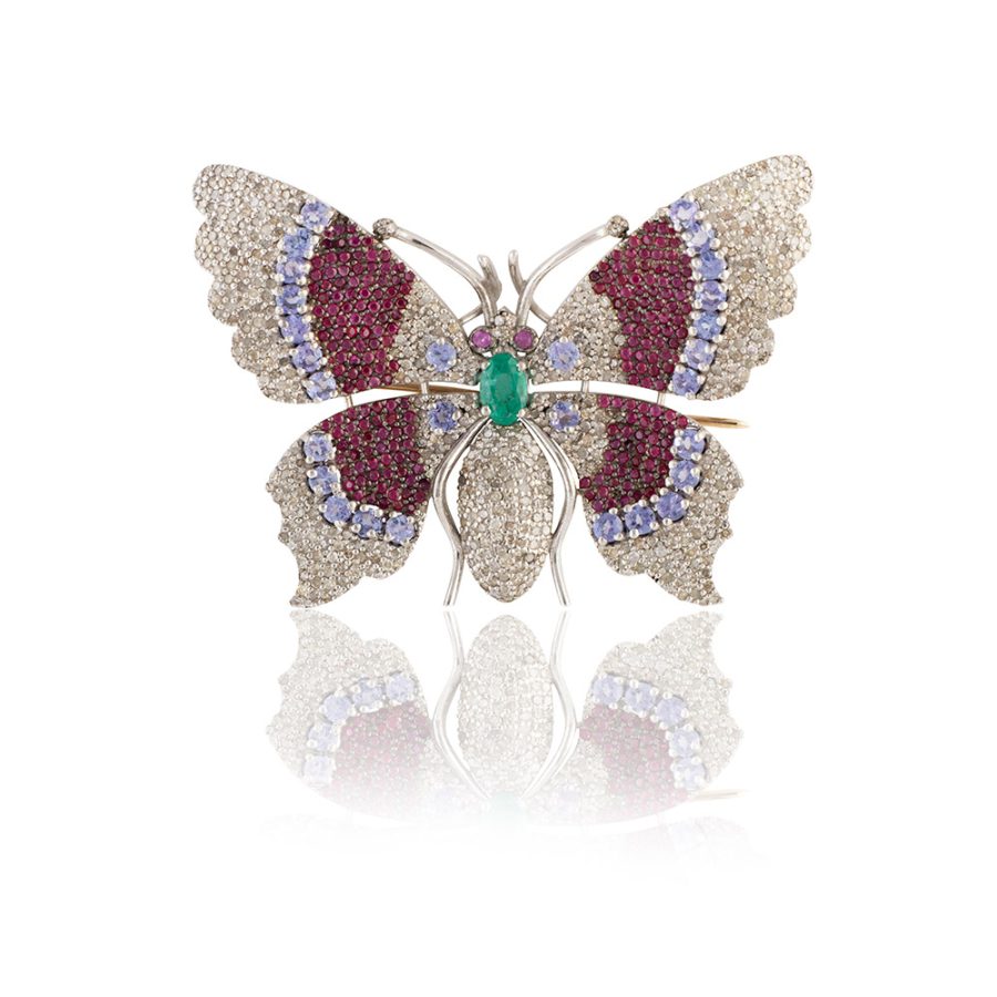 Butterfly Emerald, Ruby, Tanzanite, Diamond Brooch