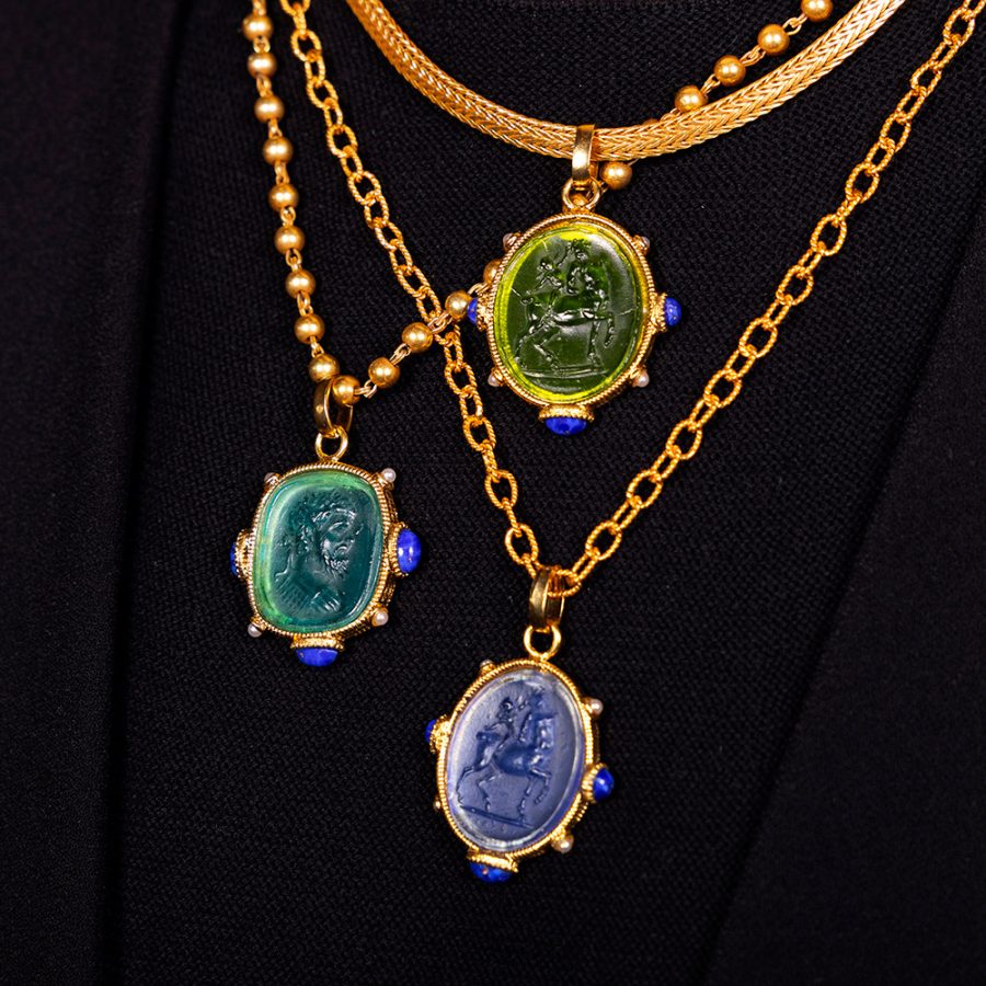Peridot Colour Intaglio Pendant with Blue Lapis & Pearl