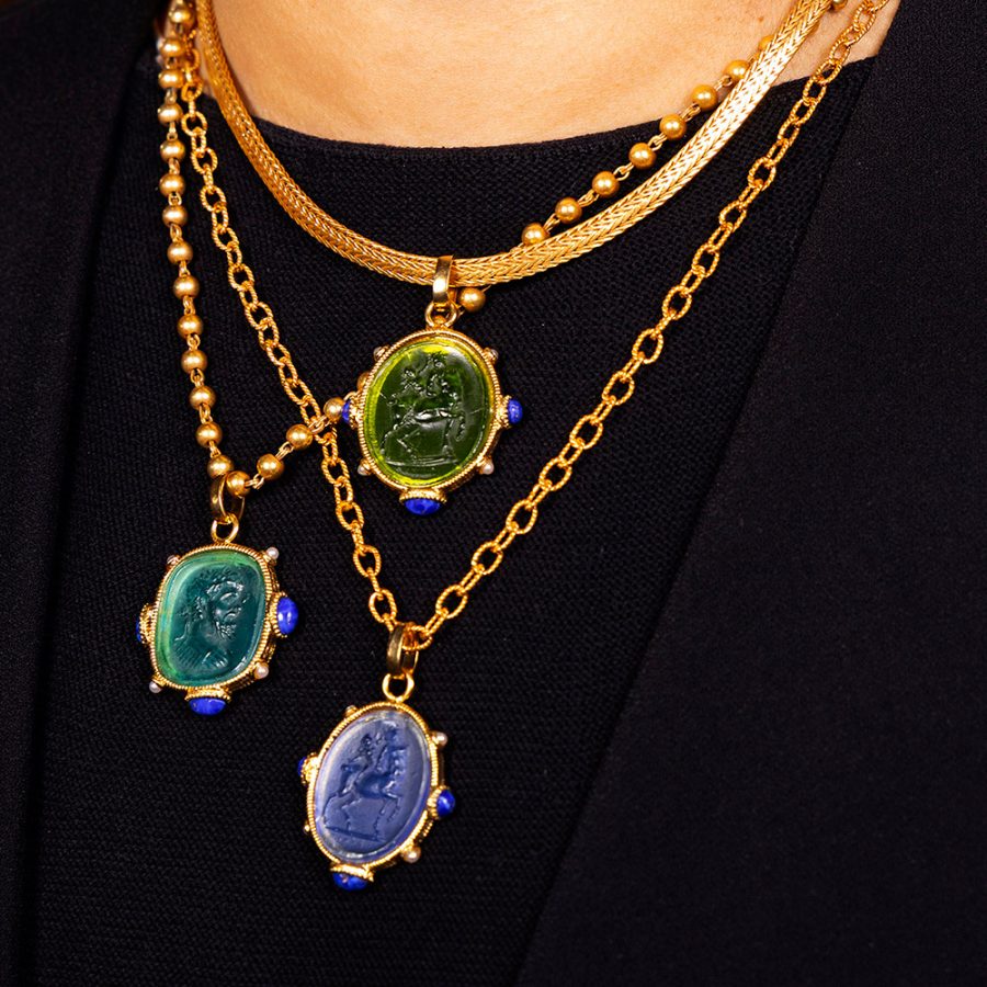 Jodhpur Blue Intaglio Pendant with Blue Lapis & Pearl