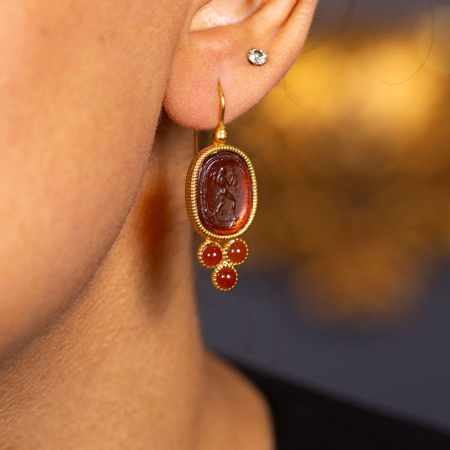 Desert Brown Intaglio Drop Earrings with Cabochon Tourmalines