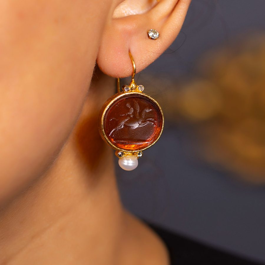 Desert Brown Intaglio Drop Earrings with Pearls