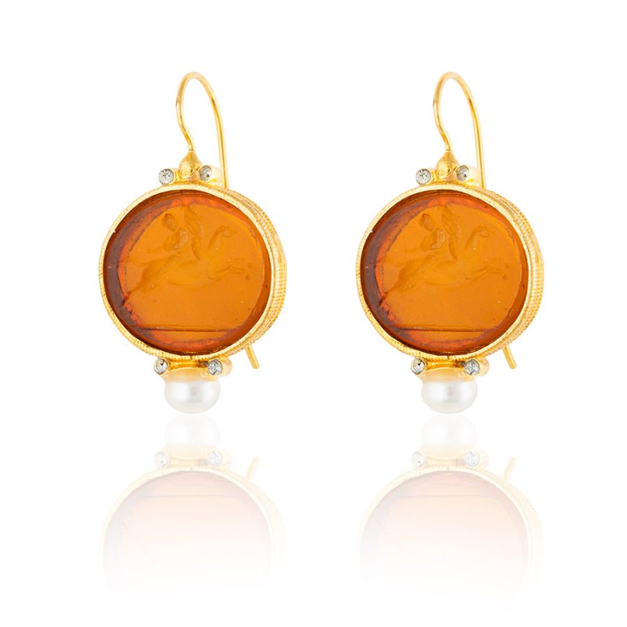 Desert Brown Intaglio Drop Earrings with Pearls