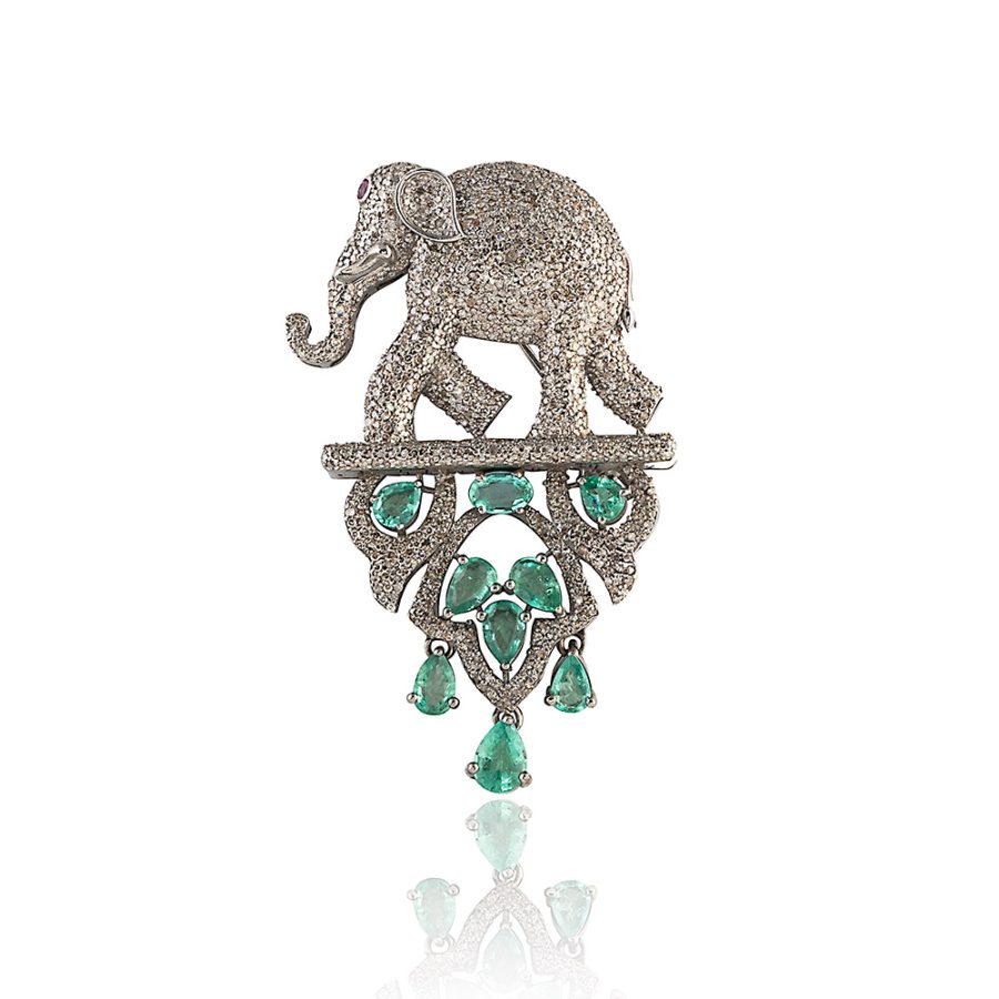Elephant Emerald & Diamond Brooch Pendant
