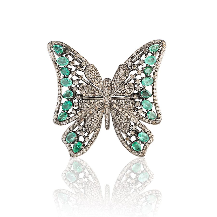 Emerald & Diamond Butterfly Brooch Pendant