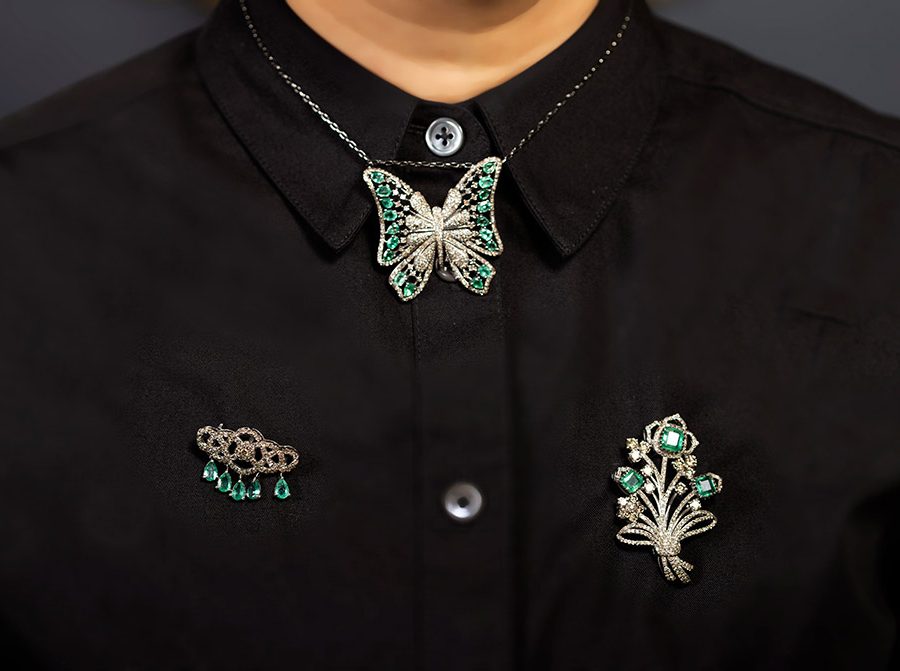 Emerald & Diamond Butterfly Brooch Pendant
