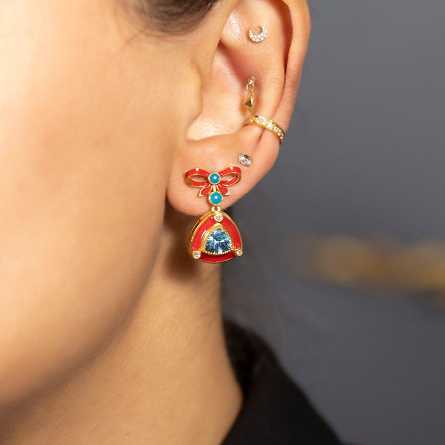 Enamel Topaz & Diamond Bow Earrings