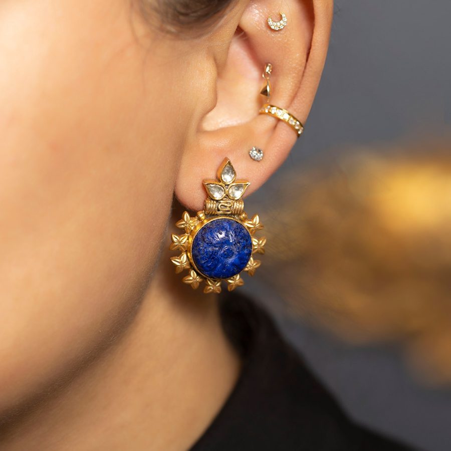Heritage Sun God Carved Lapis Lazuli Earrings