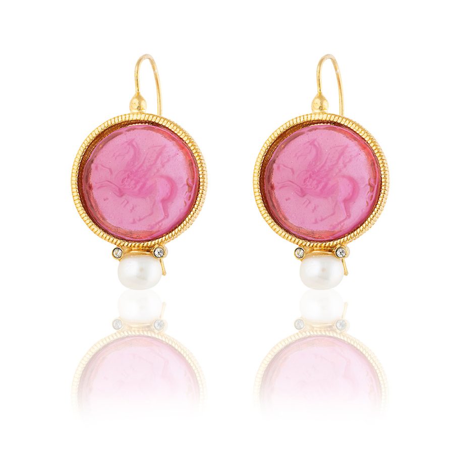 Jaipur Pink Colour Intaglio Drop Earrings with Pearl