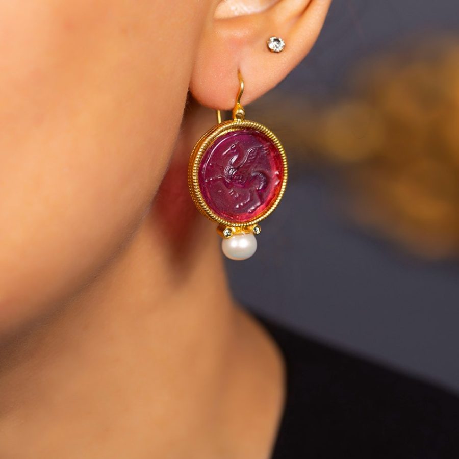 Jaipur Pink Colour Intaglio Drop Earrings with Pearl