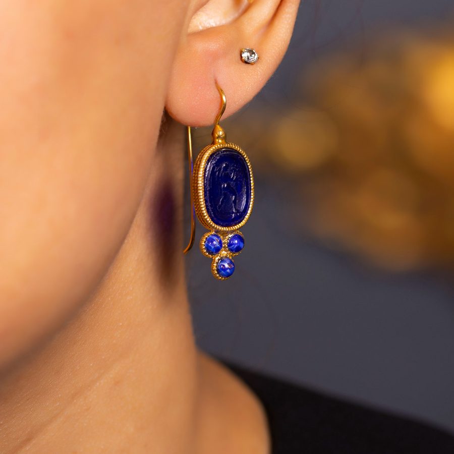 Jodhpur Blue Intaglio Drop Earrings with Lapis